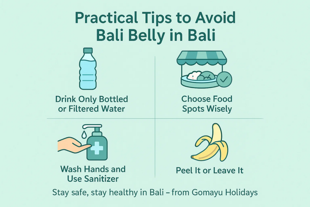 Infographic showing 4 practical tips to avoid Bali Belly: drink bottled water, choose food spots wisely, wash hands, and peel fruits.

